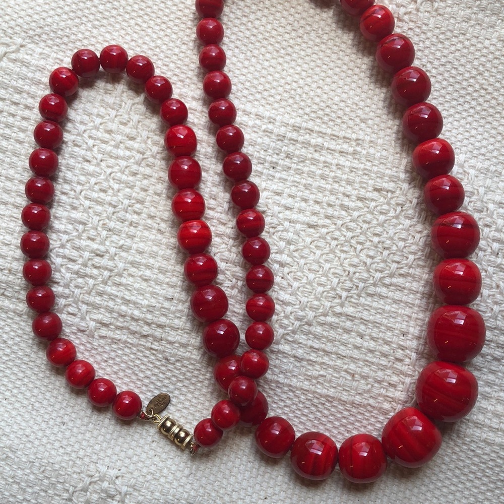 Vintage Les Bernard Cherry Red Beaded Necklace